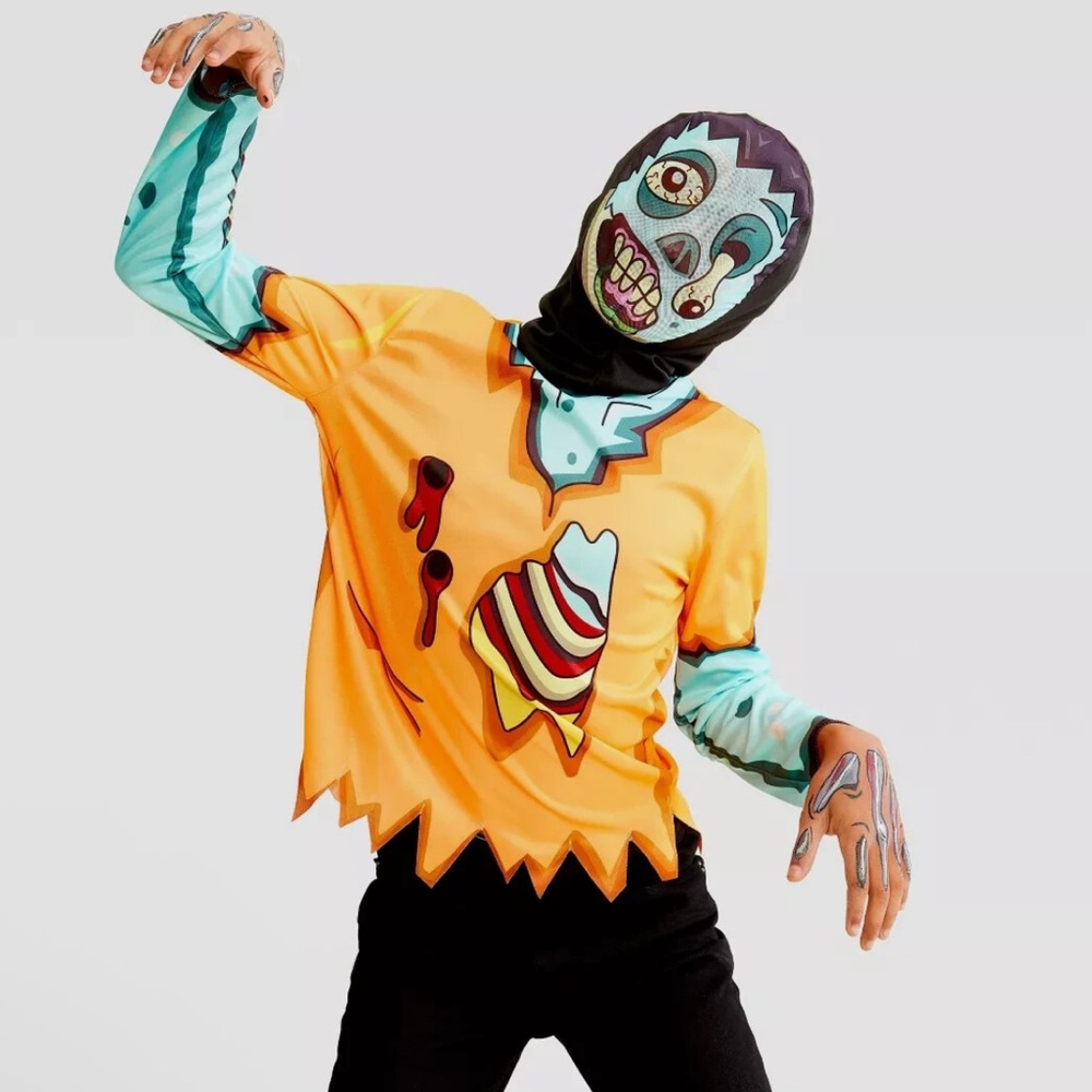 Halloween Kids Zombie Costume with Mask & Shirt, Black Light Reactive one size